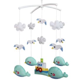 Handmade Baby Crib Mobile Nursery Decor Musical Crib Mobile for Girls Baby Shower Gift; Blue Whales Seagull and Steamship