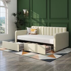 Flora Upholstered Daybed with 2 Drawers, Twin, Ivory Velvet, Ribbed Tufted Backrest, Daybed in Lavish Modern Design