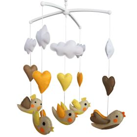 Yellow Flying Birds Clouds and Hearts Handmade Baby Crib Mobile Infant Musical Mobile Boys Girls Nursery Hanging Toy