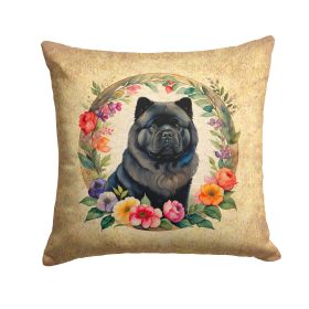 Black Chow Chow and Flowers Throw Pillow Machine Washable, Indoor Outdoor Decorative Pillow for Couch, Bed or Patio, 14Hx14W